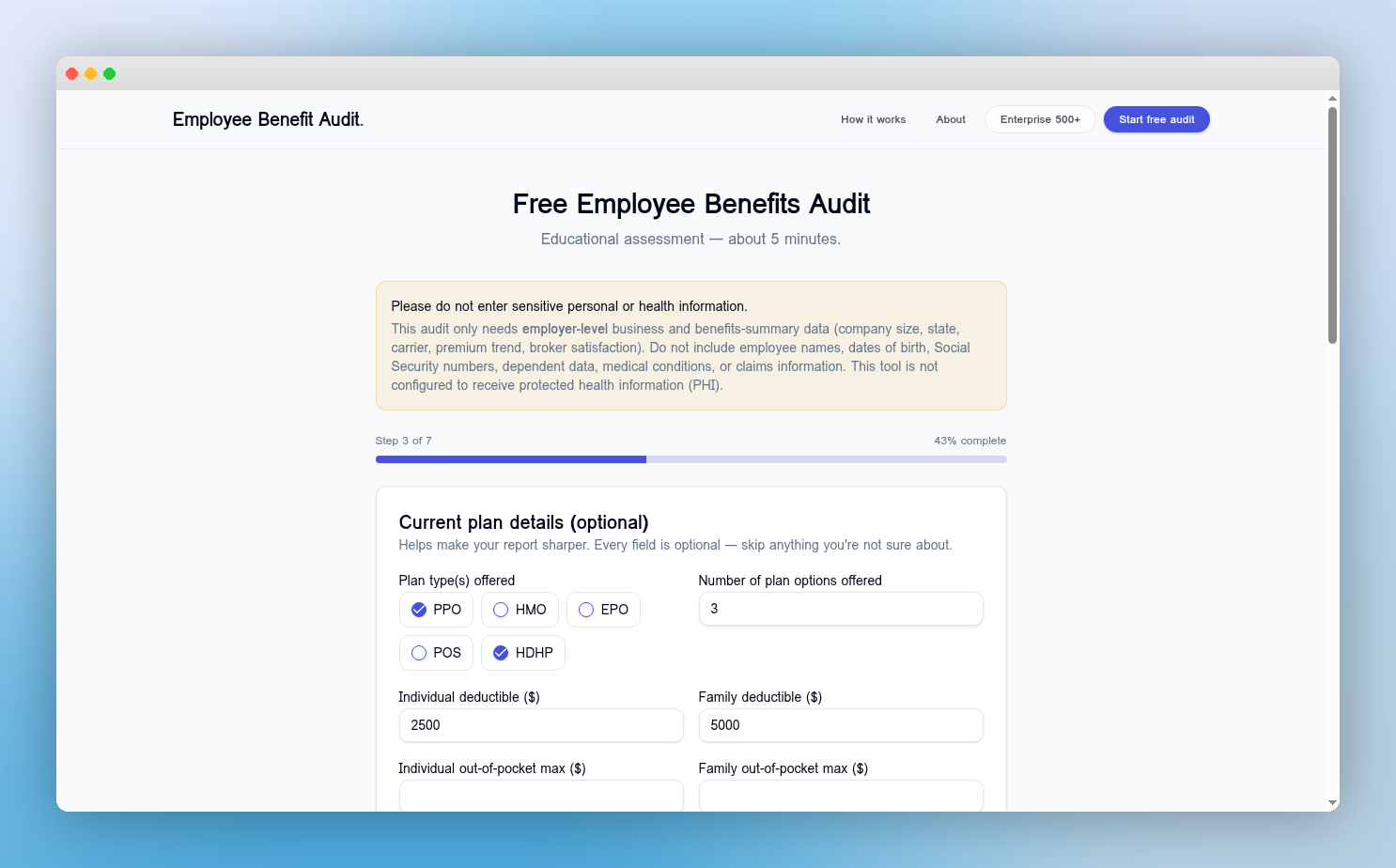 Sample audit questionnaire showing employee count and premium range options