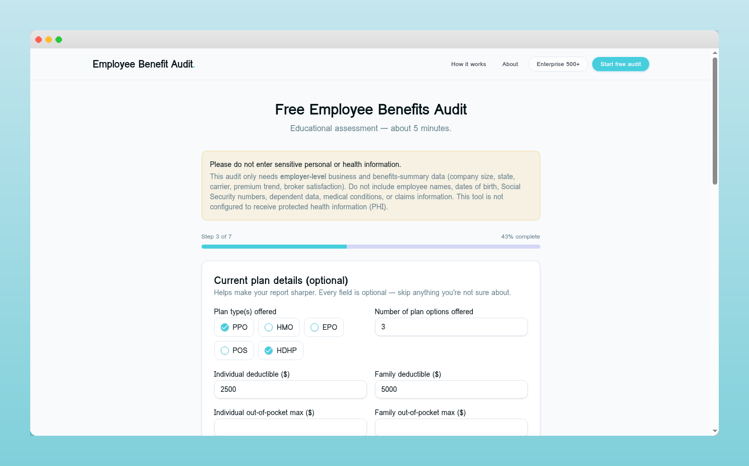 Sample audit questionnaire showing employee count and premium range options